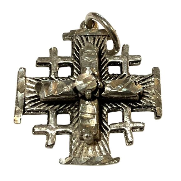 Jerusalem Cross Pendant Silver Tone Religious Charm 925 Silver Wounds of Christ - Picture 1 of 4